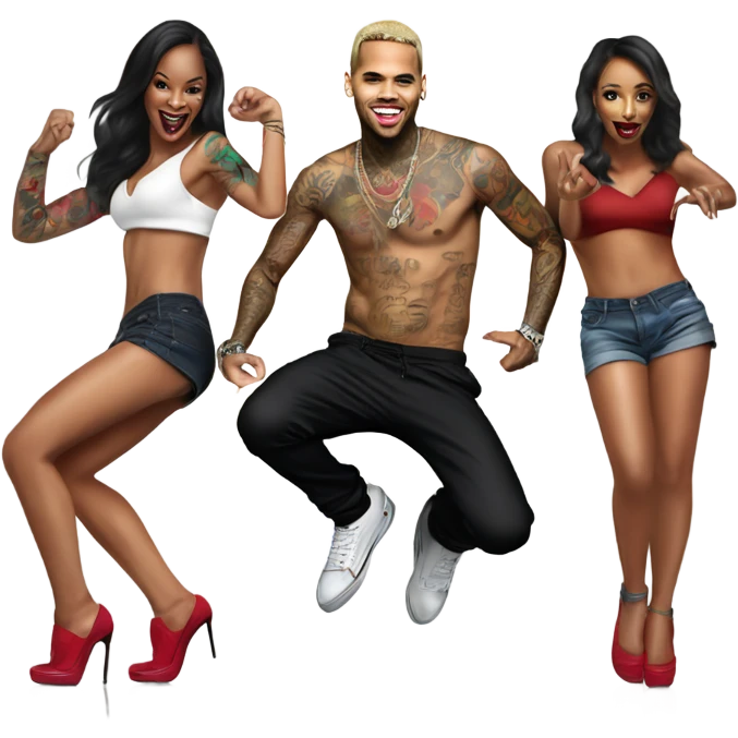 Hyper Realistic Chris Brown   dancing with 3 beautiful tattooed female dancers emoji