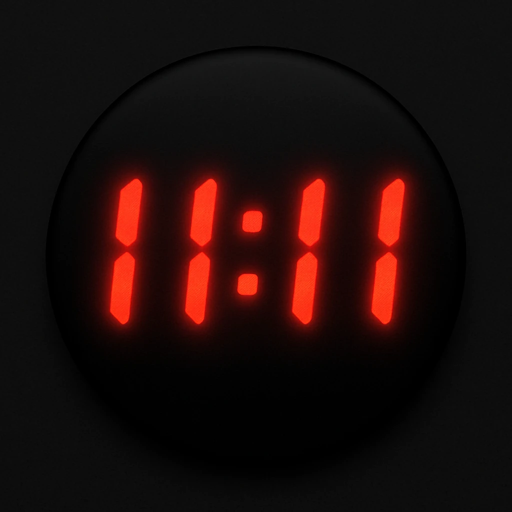 emoji with a black circle background, '11:11' in red segmented digital clock font, glowing effect emoji