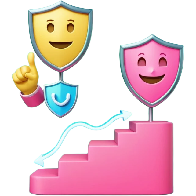 Minimalist 3D emoji-style podium with 2 steps on a green chroma key background. Step 1 (higher) features a handshake icon with blue neon glow. Step 2 (lower) features a smiling tooth with a shield icon and pink neon glow. Clean rendering, soft colors, uniform lighting emoji