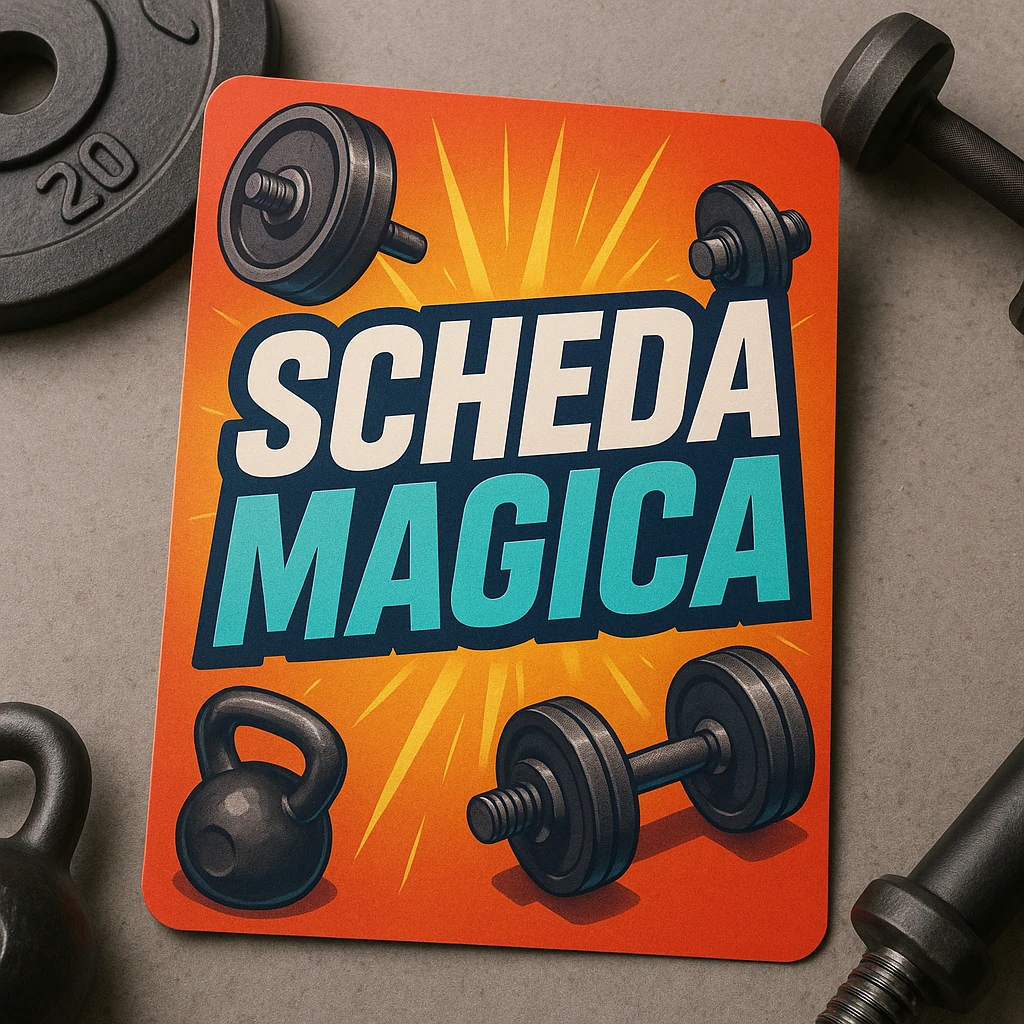 realistic gym workout plan card with the text 'scheda magica' in a modern energetic font, vibrant colors, sports details like weights and dumbbells, motivational style emoji