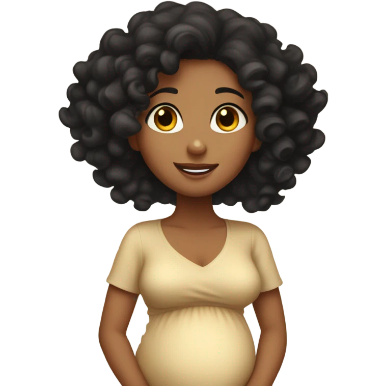 Girl with tan skin, pregnant, black curly hair waving hi emoji