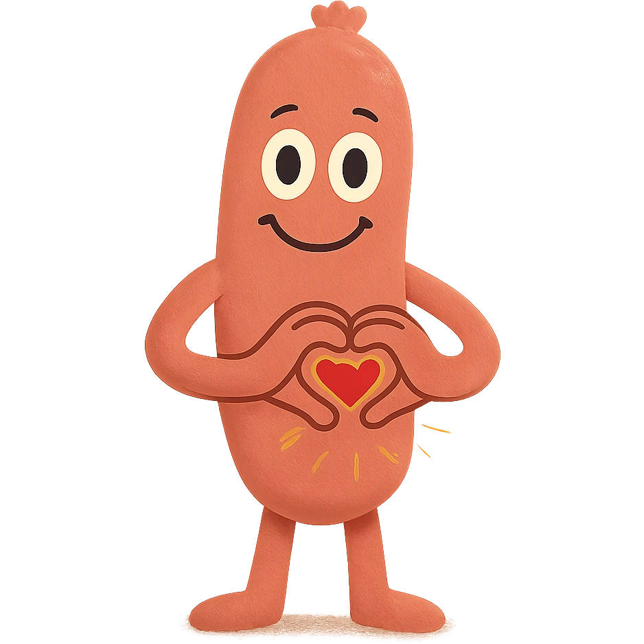 a smiling sausage-shaped humanoid with a pinkish-orange body, simple arms and legs, big eyes, and a happy smile. Its hands form a heart shape in front of its chest, radiating warmth and affection emoji