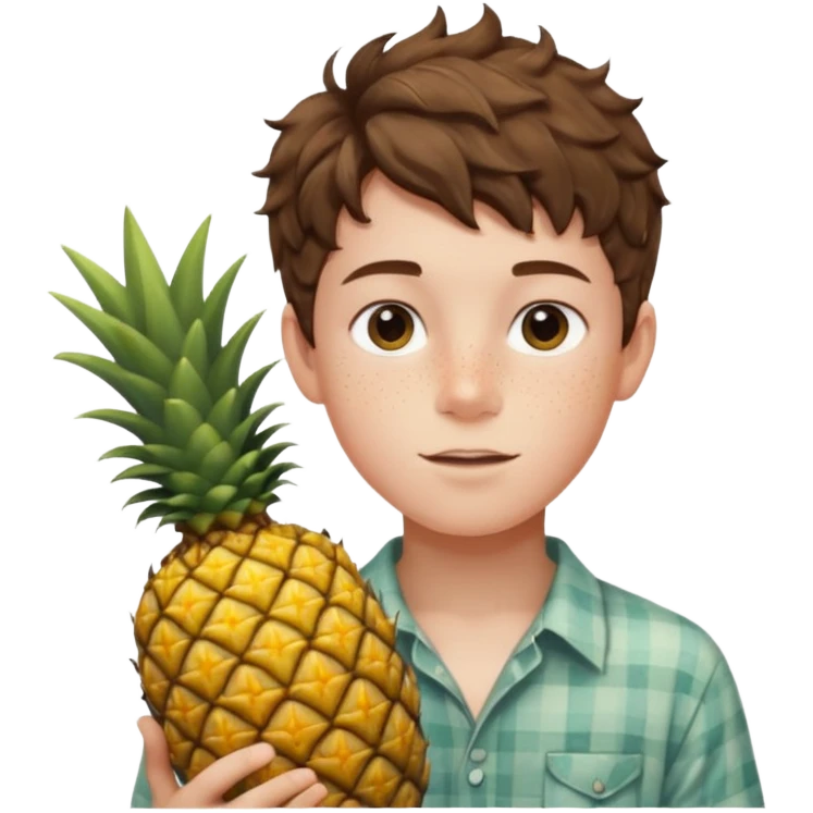 Pale young teenage boy with short wavy brown hair holding pineapple emoji