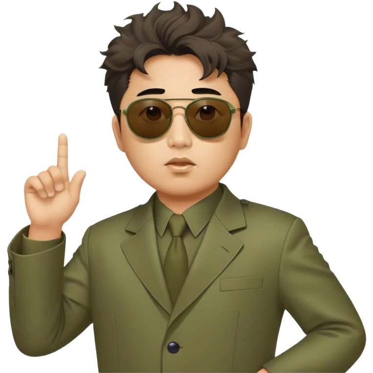 Messy haired Kim Jung Il directs a movie wearing olive mao suit and large sunglasses emoji