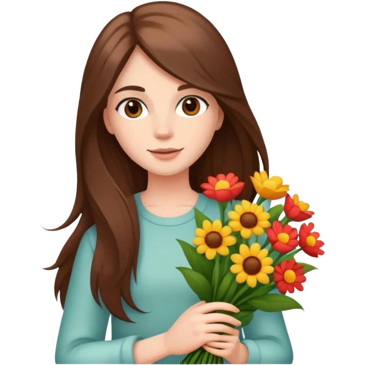 A cool girl with long brown hair and fair skin holding a bouquet of flowers emoji