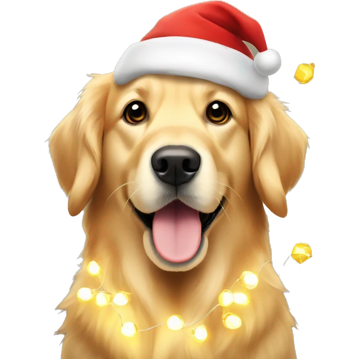 Golden retriever with Christmas lights and hat emoji