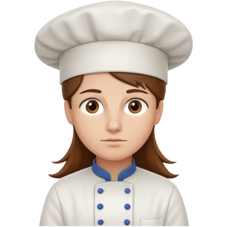 Long brown hair, serious, wearing chef uniform and chef hat emoji