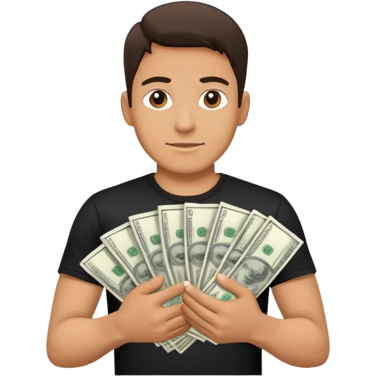 A man in a black t-shirt holding a stack of money in his hands emoji
