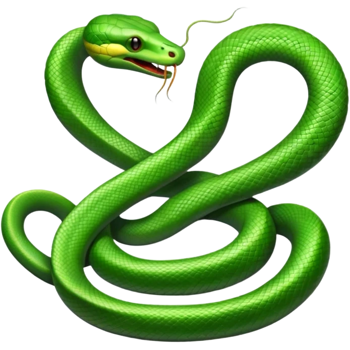 Two symmetrical green snakes tangled at their tails, hissing at each other emoji