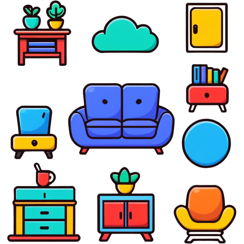 colorful interior design style quiz logo with swiping gesture and different furniture styles emoji
