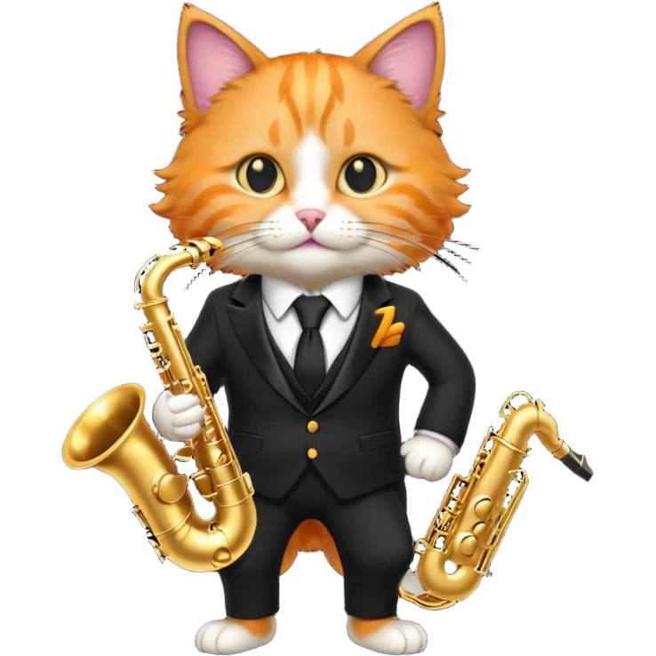 orange cat play gold saxophone, wear black suit emoji