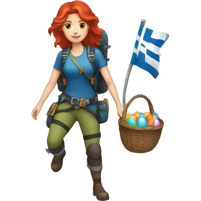Female mountaineer red hair climbing with Greek flag and holding Easter eggs basket emoji