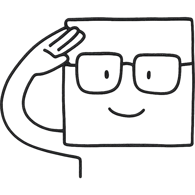 square face wearing glasses saluting, hand drawn style black outline icon, rough lines emoji