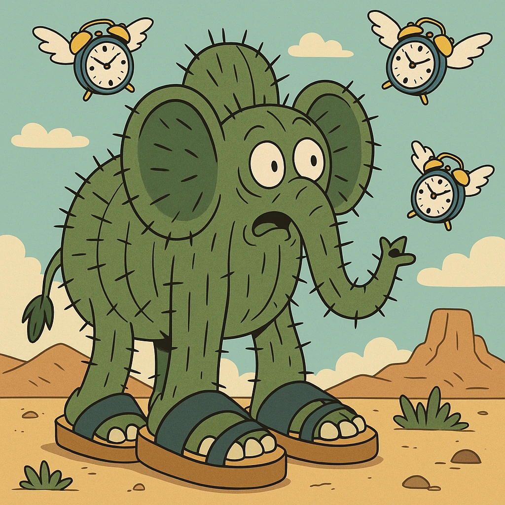 giant cactus elephant wearing huge sandals in a desert with flying alarm clocks in the sky, inspired by Lyriq LaRue from Super Brainrot emoji