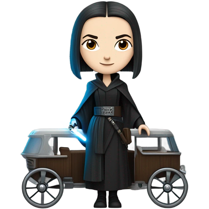 Wednesday Addams Jedi bounty hunter driving a modern blue and pewter steampunk electric wagon emoji