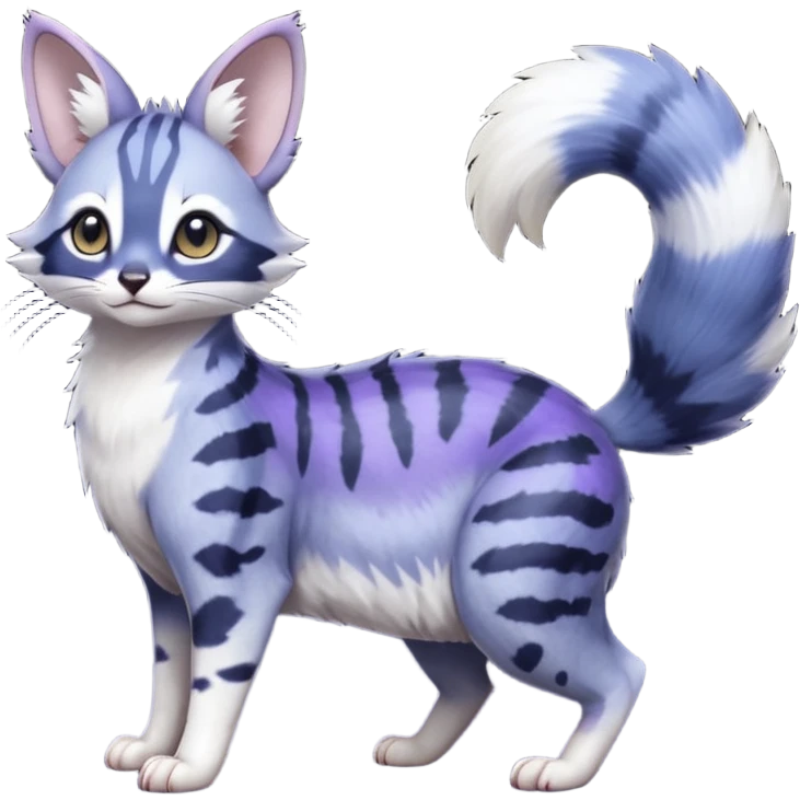  Realistic dull gloomy-dark-deep-grayish-indigo-violet-gradients fur with random markings beautiful elegant pretty precious cute  Fakémon-Pokémon-opossum-feline-serval-caracal-chinchilla-Minccino-hybrid-creature with a big fluffy bushy striped tail (full body) emoji