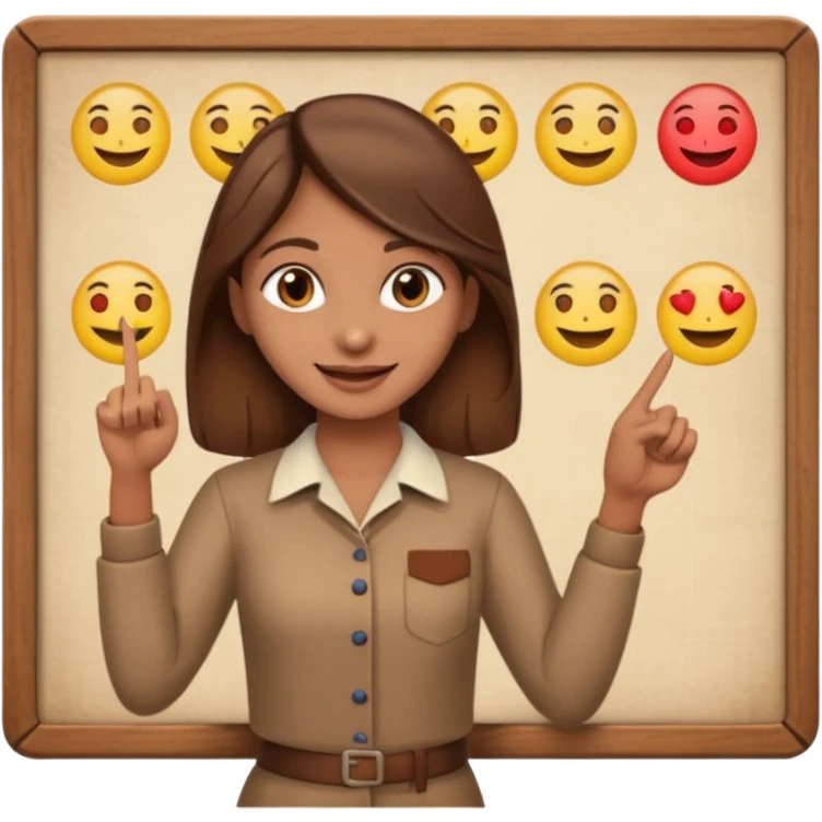 Make an emoji of a Indian origin but fair skinned girl with brown hair who is teaching how to make emojis on a board pointing to the board like a teacher emoji