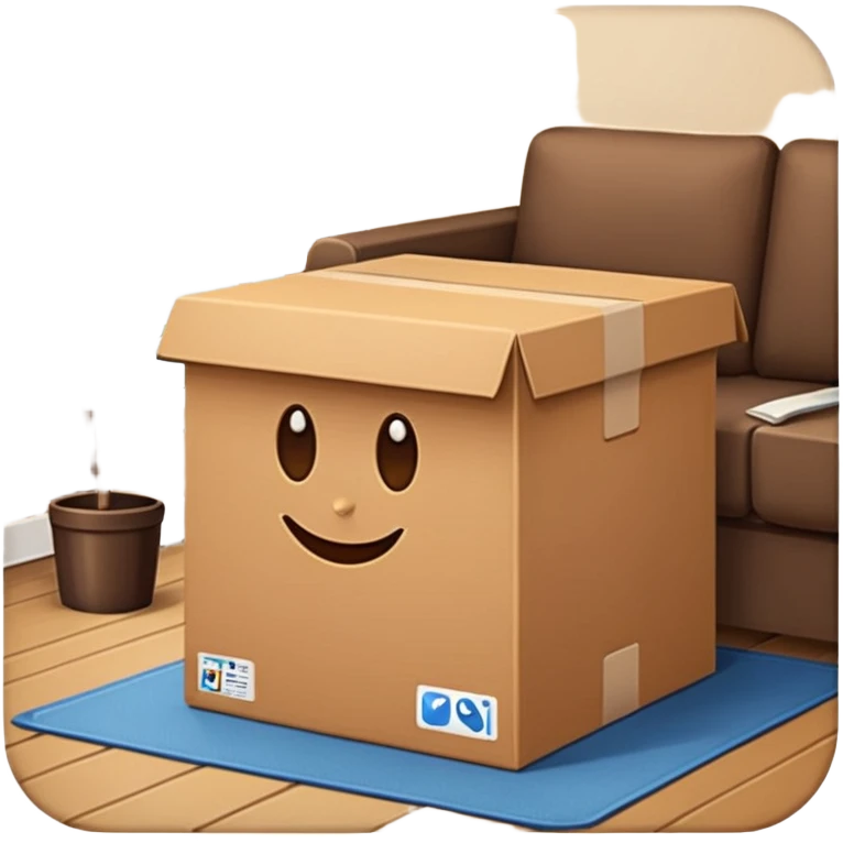 big brown box placed in a cozy living room emoji