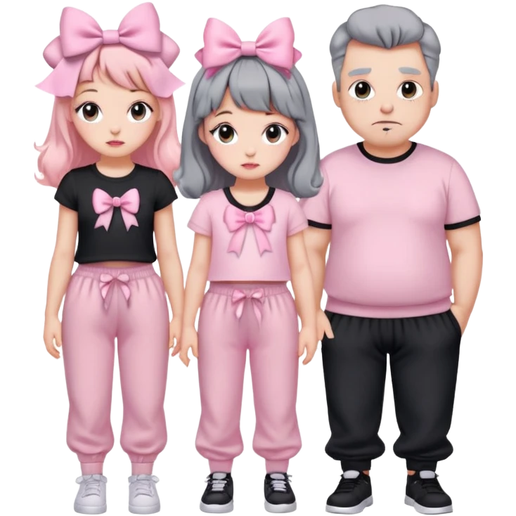 2 person, one girl wearing full pastel pink and lots of bows coquette vibe and cute face, one big buy wearing black pressing shirt and gray baggy sweatpants
 emoji