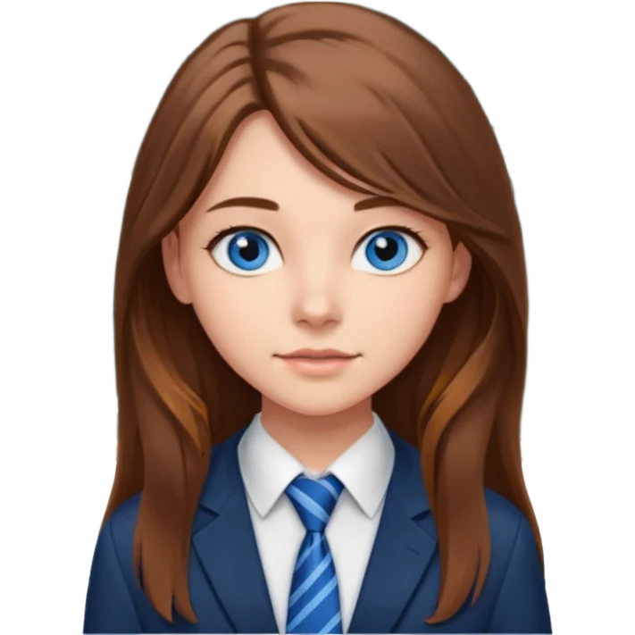 high school class room with a blackboard, with a pretty female high school student with long brown hair, blue eyes, wearing a tie emoji