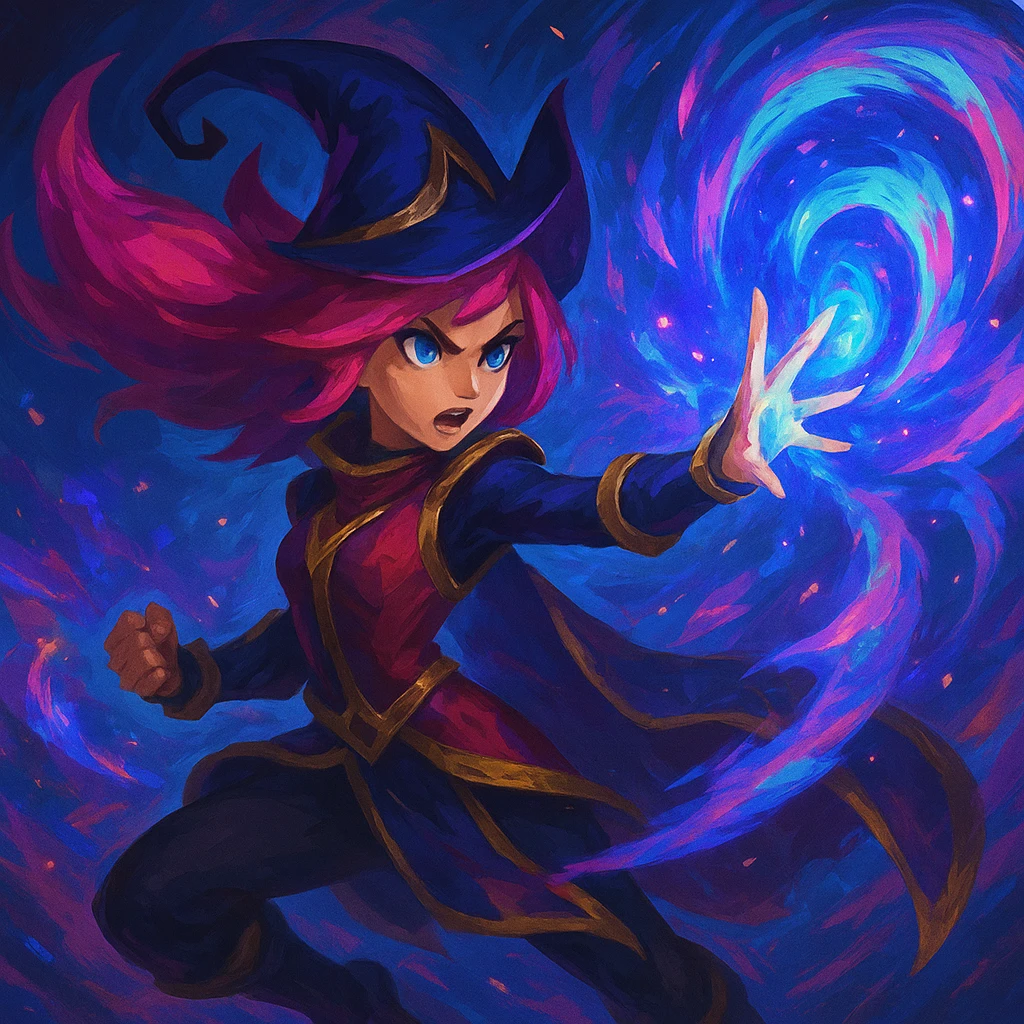 League of Legends champion, magical effects, action pose, stylized, bold colors, game art style emoji
