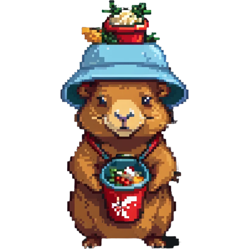 Capybara wearing a tiny KFC bucket as a hat on its head emoji