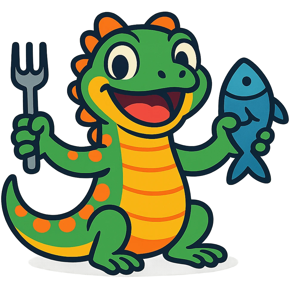 cute lizard, smiling, holding a fork and a fish, simple background, vibrant colors emoji