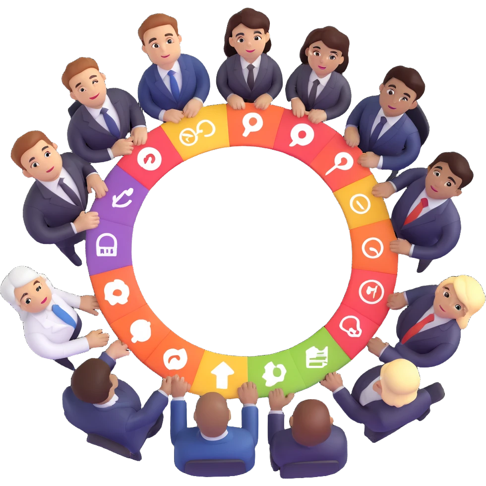 diverse business managers forming a circle with digital icons above them emoji