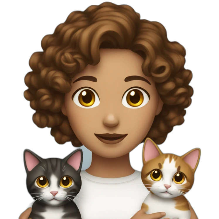 woman with brunette curly short hair playing with two cats emoji
