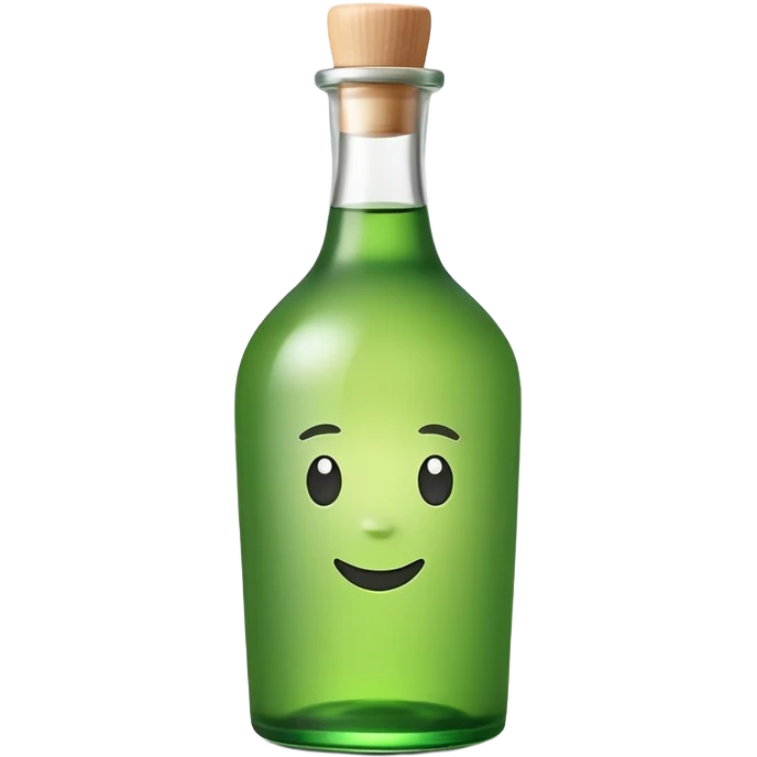 A clean, cute emoji-style green soju bottle, small Korean soju bottle with green glass, simple label in Korean style, minimal flat design, soft shading, centered, white or transparent background, high contrast, rounded friendly emoji look, 1:1 aspect ratio, app icon style emoji
