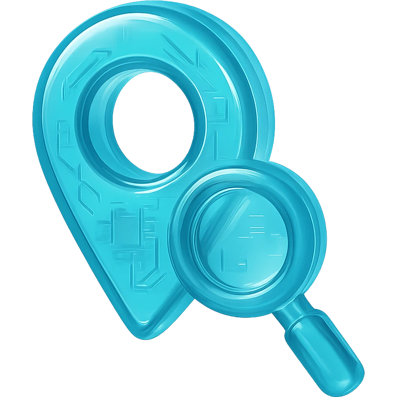 Icon of a map pin with a magnifying glass, cyan blue emoji