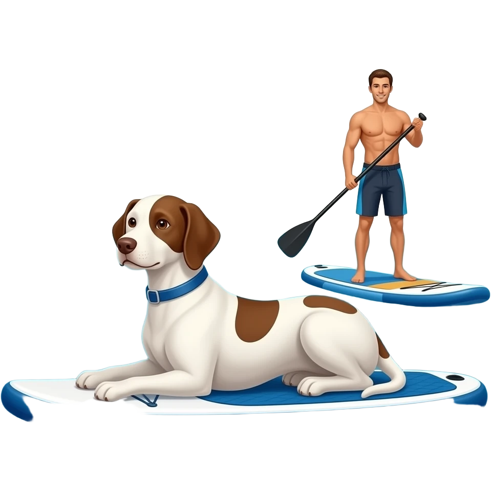 White coffee coloured Podenco joung adult lying down sphinx like on sup in front front of real paddling paddler on one board in real peoportions on sea emoji