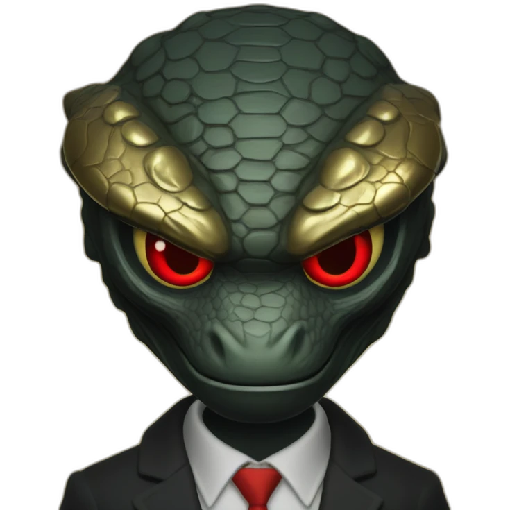 Reptiloid in black suite with red laser eyes on the gold coin emoji