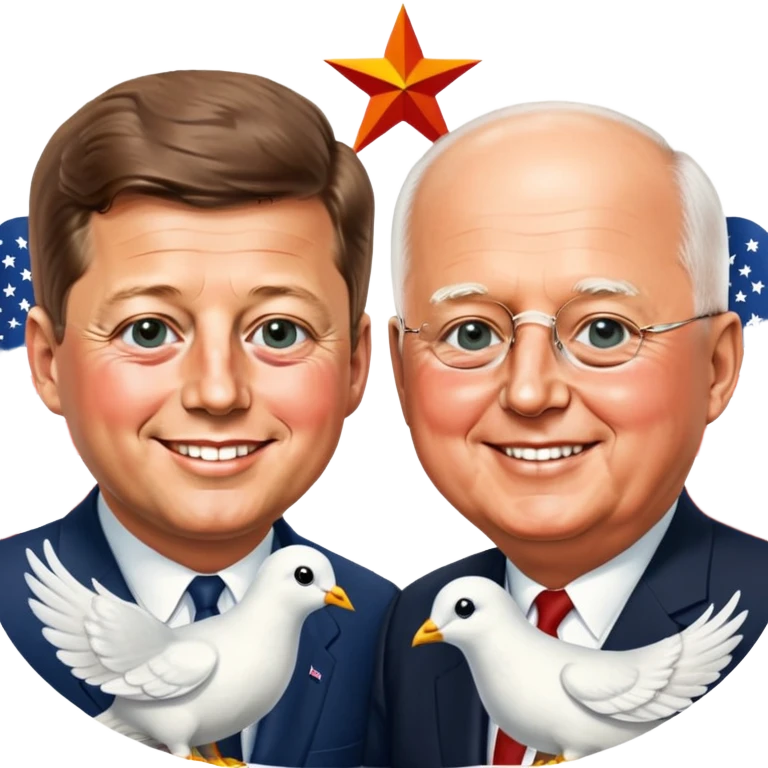 John F. Kennedy and Mikhail Gorbachev side by side, smiling, friendly diplomatic atmosphere, small peace symbol and doves, US and USSR flags as accents emoji
