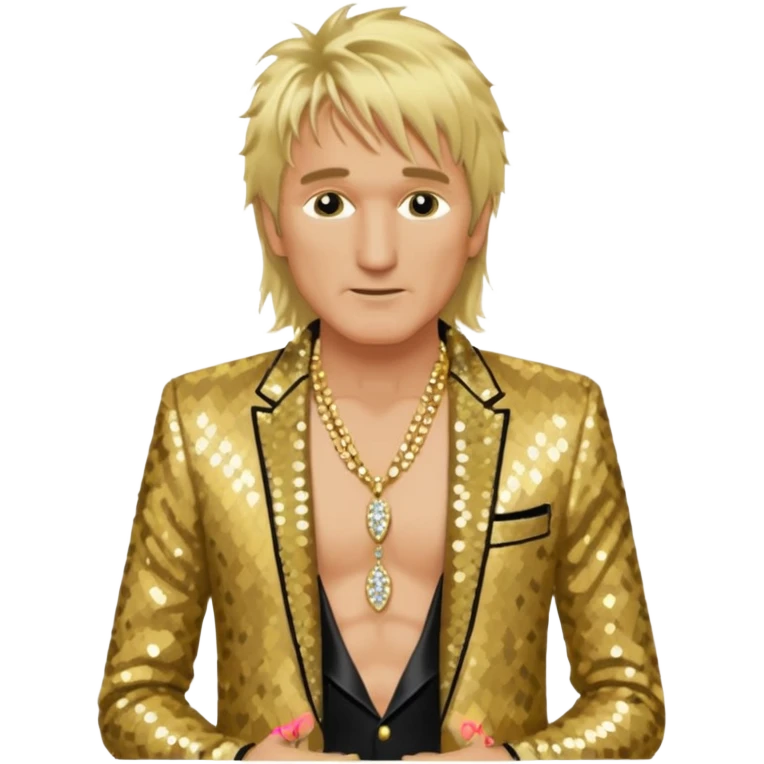Rod Stewart with long blonde hair, gold sequin suit jacket, shirtless with necklace emoji