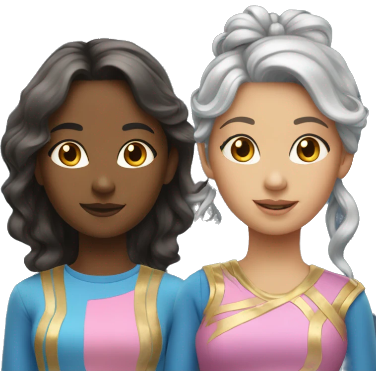four girls in pink, blue, gold and silver emoji