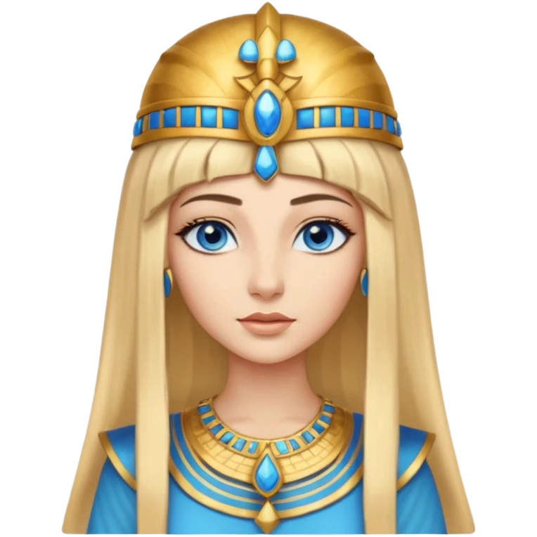 Cleopatra vestita da faraone con il cappello da faraone ma con gli occhi azzurri e i capelli lunghi biondi non troppo chiari con il cappello da faraone dorato senza frangia capelli lunghi  emoji