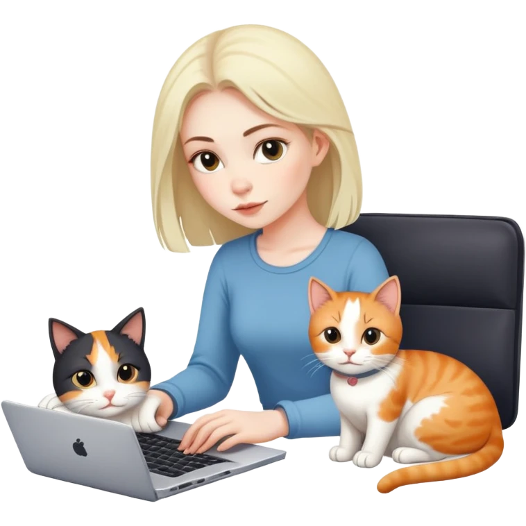 A girl is working on a laptop with a cat lying next to it emoji