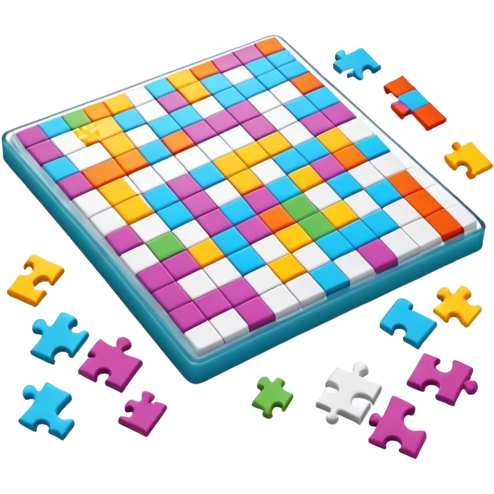 A photorealistic icon with a crossword magazine, a 3D puzzle and a partially completed puzzle on a table. Bright, detailed design with realistic lighting. Transparent background, clearly symbolizing puzzles and brain games. emoji
