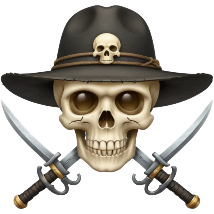 A skull and crossswords wearing a black wide brimmed traveler's hat. emoji