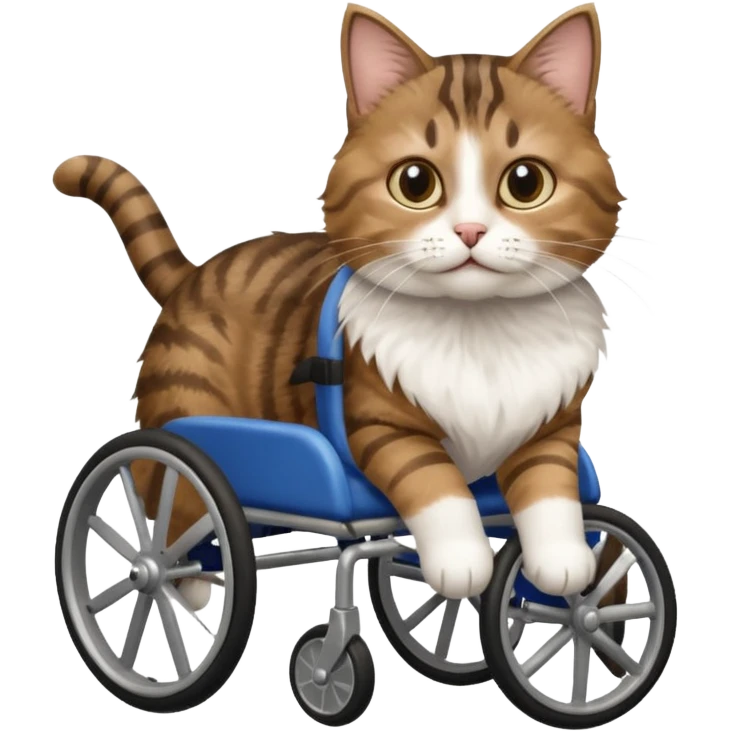 disabled brown tabby and white cat using cat wheelchair emoji
