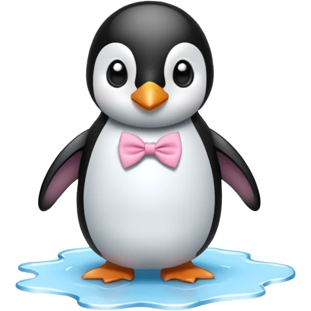penguin, pink bow tie, standing on small ice melting emoji