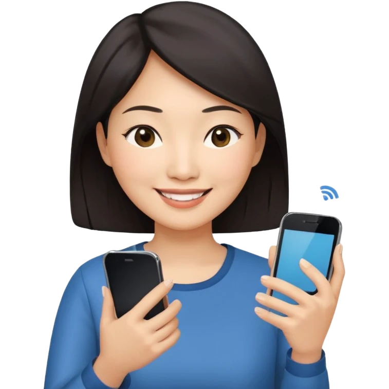 페르소나 요약 : 휴대폰을 보고 즐거워하는 여자, 40대의 아시아 여성이 한손으로 휴대폰을 쥐고, 화면을 보면서 미소를 짓고 있어요. 나머지 한손은 아래에 내리고 있어요 emoji