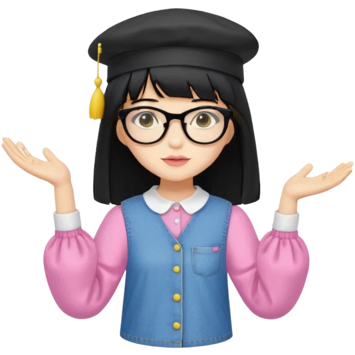 A yellow-skinned girl with long straight black hair, flat bangs, black frame glasses, a white puffy sleeve doll shirt, blue jeans and pink shoes, and a black painter's hat，no yellow spikes. emoji