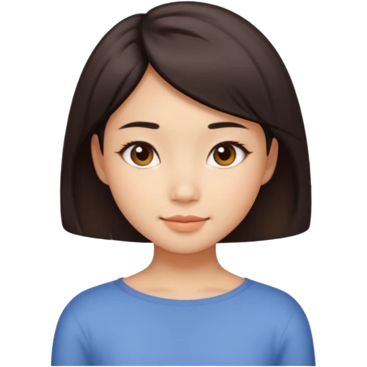 Girl with short shoulder level hair, dimple on the left corner of her chick and a Asian  emoji