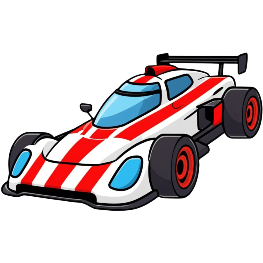Racing car with oversized wheels and bold red stripes emoji