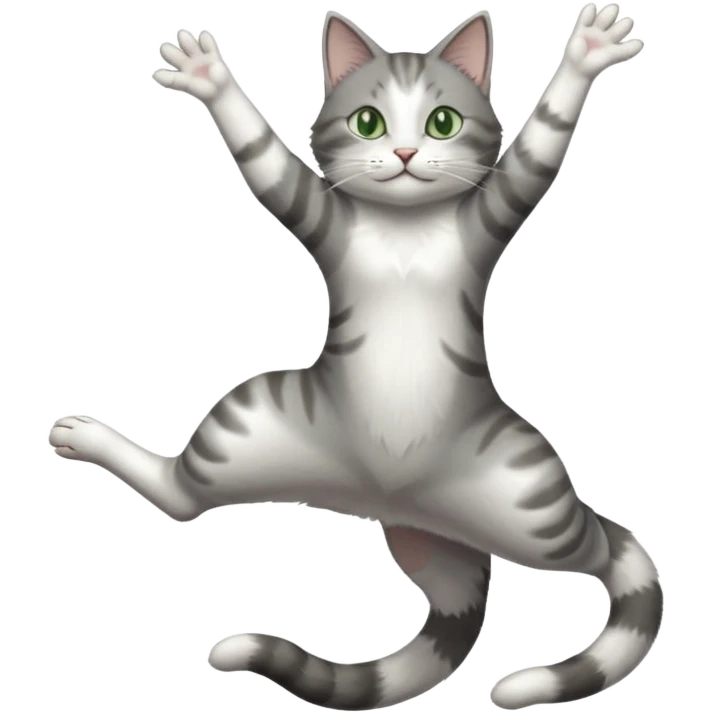 grey and white cat with green eyes doing a big extremely long stretch reaching up into the air with arms and legs side by side together straight and overextended whilst lying on its side emoji