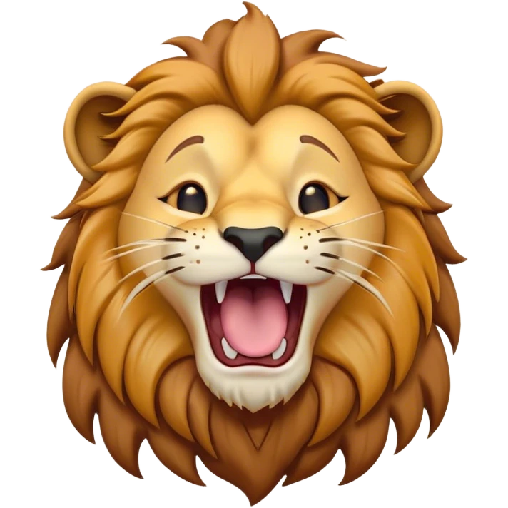 Cinematic Cute Yawning Lion Portrait Emoji, Head tilted slightly with a dramatic, wide-open yawn, showcasing a soft, downy tawny Fur with a majestic mane, floppy ears slightly drooping, round amber eyes barely open in drowsy contentment, Simplified yet irresistibly adorable features, highly detailed, glowing with a soft, cozy glow, high shine, relaxed yet expressive, stylized with a touch of savannah whimsy, bright and endearing, soft glowing outline, capturing the essence of a sleepy yet affectionate lion, so drowsy it feels like it could stretch out of the screen and curl up for a nap! emoji