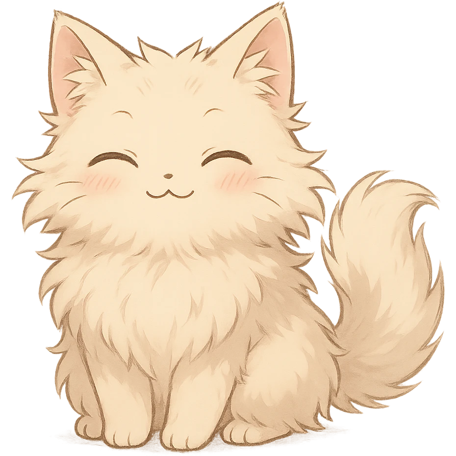 fluffy anime cat, happy face, small mouth, gentle shading emoji