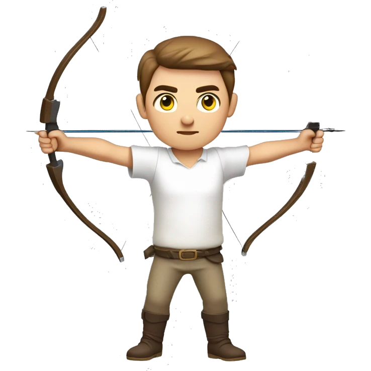 a male archer aiming with a bow facing  his target, eyes closed, wearing a white shirt, very short brown hair, bright skin, only show upper part of the body from waist up emoji